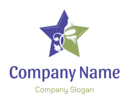 A stylized star design featuring a purple and green color scheme with a white abstract flower.