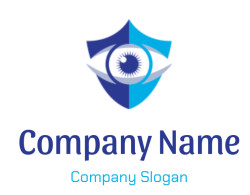 Illustration of a blue shield featuring an abstract eye design.