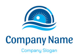 Stylized blue sun with rays above abstract blue waves.