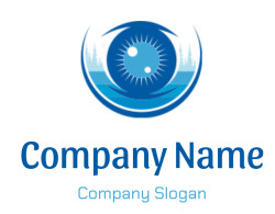 Abstract blue eye logo with circular design and nature elements.
