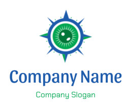 Abstract design featuring a compass with a green eye motif in the center.