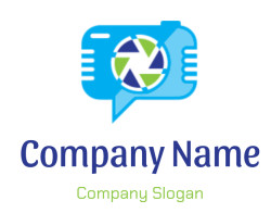 Abstract logo featuring a camera shutter within a communication bubble, in blue and green colors.