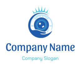 Abstract logo featuring a blue eye with a sunburst and a hand encircling it.