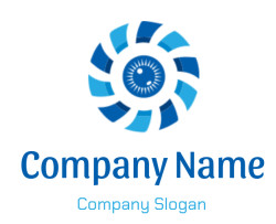 Abstract blue spiral logo with a sunburst design at the center.