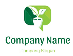 Eco-friendly plant symbol inside a speech bubble logo.