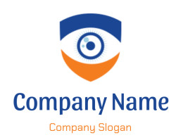 Abstract eye logo with blue upper curve and orange lower curve.