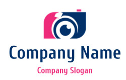 A stylized camera icon with a pink body and blue lens design.