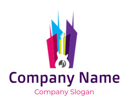 Abstract illustration of a colorful skyline with a guitar silhouette and a music note.