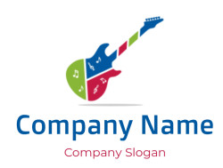 Abstract guitar design featuring colorful sections with musical notes.