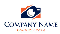 Abstract geometric logo featuring an eye design with blue and orange shapes.