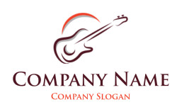 Stylized logo featuring an abstract guitar and musical note in red and black design.