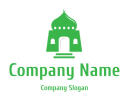 Green icon of a mosque featuring a rounded dome and crescent moon on top.
