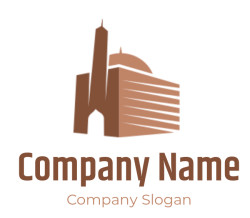 Icon representing a modern building with a tall, slender skyscraper and a dome.