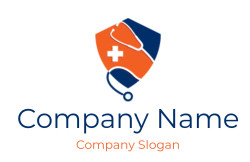 A logo featuring an orange and blue shield with a white cross and stethoscope.