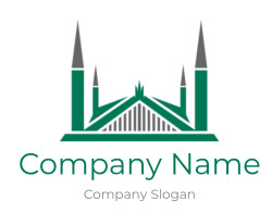 Stylized icon of a mosque with four minarets in green and gray colors.