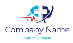 Logo featuring a medical cross with a red pulse line and abstract elements.