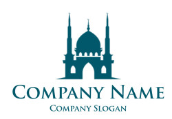 Silhouette of a mosque with a large dome and two minarets.
