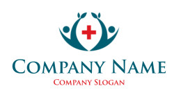 Logo depicting two hands surrounding a red cross, symbolizing healthcare and community support.