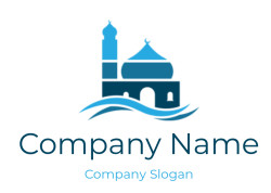 Abstract silhouette of a mosque with blue waves.