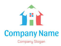 A colorful abstract house logo with a green roof, blue and red sides, and a multi-colored window.