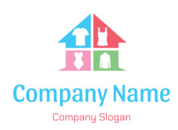 Colorful geometric design featuring various clothing icons in blue, red, pink, and green sections.