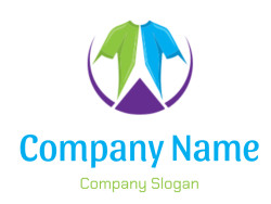 Abstract logo featuring green and blue cloaks above purple geometric shapes.