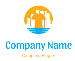 Abstract icon featuring a t-shirt with a cityscape background and water in the foreground.