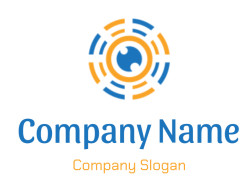 An abstract circular geometric pattern in orange and blue colors.