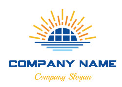 Logo depicting a sunrise over a stylized bridge with orange rays and blue shapes.