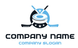 A hockey-themed logo featuring stars, a puck, and crossed sticks.