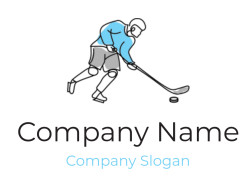 Illustration of a hockey player in a blue jersey playing with a stick and puck.
