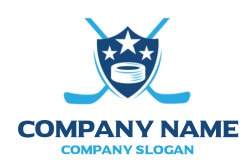 Hockey emblem featuring crossed sticks, a shield with stars, and a puck.