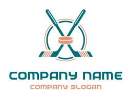 Icon of two teal hockey sticks crossed with a salmon-colored puck in the center and circular design elements.