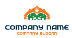 Logo featuring two green elephants facing each other with a fork and an orange motif above.