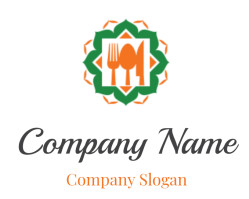 Emblem featuring a fork, spoon, and knife in orange with green geometric border.