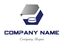 Blue and gray hockey logo featuring a puck with diagonal stripes.