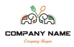Illustration of two elephants facing each other with a fork and spoon overhead.