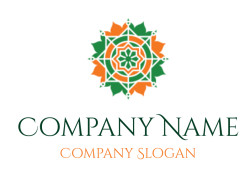 Intricate symmetrical geometric pattern featuring green and orange colors and a star shape design.