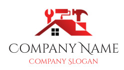 Logo featuring a house with a wrench and hammer symbolizing home repair and construction.