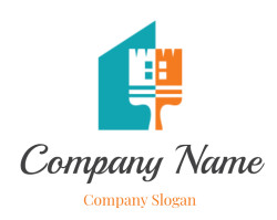 Logo design featuring a paintbrush with a blue building silhouette.