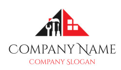 Abstract logo featuring construction tools and a building outline in black and red.