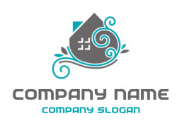 Logo featuring an abstract house with decorative swirls and teal accents.