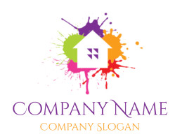 Logo of a house with vibrant paint splashes in the background.