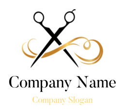 Elegant logo featuring a pair of black scissors crossed over gold swirling patterns.