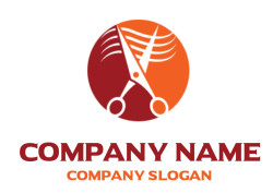 Illustration of white scissors with a dynamic swirl design on a circular orange and red background.