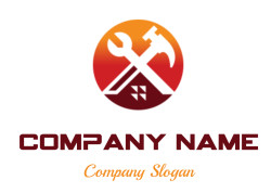 Silhouette of a hammer and wrench crossed against an orange to red gradient circle.