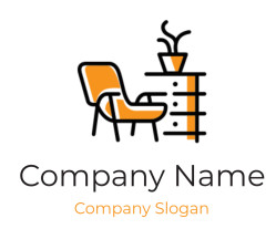Illustration of a minimalist orange chair and desk with a plant.