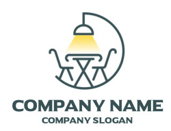 Minimalist icon of a dining table with two chairs and an overhead lamp.