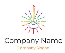 A colorful guitar-shaped logo with radiating lines in various vibrant colors.