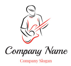 Abstract line drawing of a guitarist playing an electric guitar in red and black.